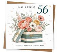 56th Birthday Card for Her, Floral Gift Box Confetti | Features a flower-filled present, scattered confetti dots and the words “Have a lovely 56th” plus “Happy Birthday”.