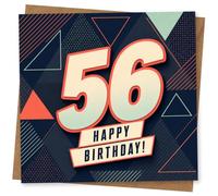 56th Birthday Card for Her, Geometric 56 and HAPPY BIRTHDAY! | Modern navy geometric pattern, large layered 56 and a clear ‘HAPPY BIRTHDAY!’ greeting-smart 56th birthday card for her.