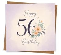 56th Birthday Card for Her, Happy Birthday Florals | “Happy 56th Birthday” in flowing script, paired with delicate pastel peach flowers and green leaves for her.