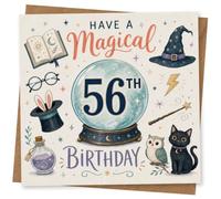 56th Birthday Card for Her, Have a Magical Birthday | For her 56th: crystal ball, wizard hat, spell book and wand, with cute owl and black cat and “Have a Magical Birthday”.