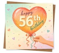 56th Birthday Card for Her, Heart Balloon, Pastel Confetti | 'happy 56th birthday' on a bright heart balloon, with pastel hearts and confetti to celebrate her 56th.
