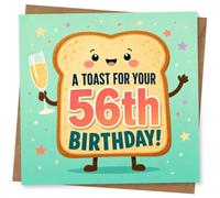 56th Birthday Card for Her, Smiling Toast & Champagne | Toast character raising a champagne glass with star confetti and the words “A Toast For Your 56th Birthday!” for her 56th.