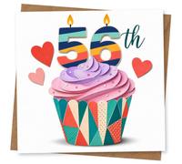 56th Birthday Card for Her, Striped Candle Numbers & Cupcake | Playful design with striped candle number 56, pastel frosting and heart accents-bright birthday fun for her 56th.