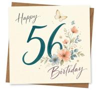 56th Birthday Card for Her, Teal 56, Flowers & Butterfly | Big teal 56 with soft floral spray, butterfly and “Happy Birthday” script for her 56th milestone.