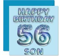 56th Birthday Card for Son - Blue Glitter Party Balloons - Happy Birthday Cards for 56 Year Old Son from Mum Dad Parents, 145mm Bday Greeting Cards Gift