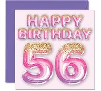 56th Birthday Card for Women - Pink & Purple Glitter Balloons - Happy Birthday Cards for 56 Year Old Woman Mum Nanny Grandma Gran Auntie, 145mm Bday Greeting Cards Gift