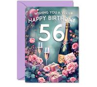 56th Birthday Card, Pink Presents Champagne Bottle