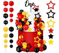 57 Pcs Black Red Yellow Ball Star Cake Topper Set Cartoon Cake Decorations with Flag DIY Insert Topper for One Two Years Happy Birthday Decorations Baby Shower Party Supplies(One Year)