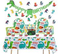 57 Piece Dinosaur Birthday Decorations Dinosaur Party Decorations Set contains Table Cloth Paper PlatesCake Decorations Birthday Banner Decorations Boy for 10 Guests