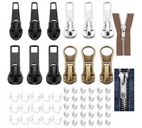 57pcs Zipper Repair Kit 12 Pcs Universal, #5 Replacement Slider Kit Metal Plastic Nylon Zipper Pull Replacement in 3 Colors Top Bottom Stops Replacement Zip for Coats Jacket,Luggage,Backpacks