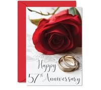57th Anniversary Card for Women Men - Gold Rings Red Rose - Happy Wedding Anniversary Cards for Mum Dad Grandad Grandma Auntie Uncle, A5 Greeting Cards