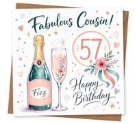 57th Birthday Card, Fabulous Cousin Fizz Bottle & Flute | A lively 57th design with “Fabulous Cousin!” lettering, a “Fizz” bottle, floral flute and colourful confetti details.