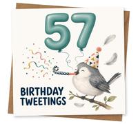 57th Birthday Card for Her, Birthday Tweetings Bird | Wish her a brilliant 57th with the pun “Birthday Tweetings”, teal balloon numerals and a cute bird with party blower.