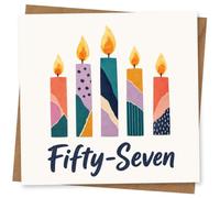 57th Birthday Card for Her, Bold Candles, Fifty-Seven | Bold handmade-style candle illustration with “Fifty-Seven” wording; vibrant milestone feel for her 57th.
