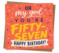 57th Birthday Card for Her, Confetti 'Oh My God You're 57' | Bold 57th design for her with bright confetti styling, “Oh my god you’re fifty seven” and “Happy Birthday!”