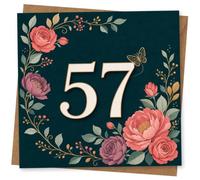 57th Birthday Card for Her, Deep Teal Florals, Large 57 | Large 57 centrepiece with pink and purple blooms on a deep teal background-an elegant look for her 57th.