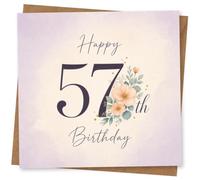 57th Birthday Card for Her, Pastel Peach Florals | Soft pastel wash with large “Happy 57th Birthday” lettering, peach blossoms, sage leaves and tiny gold dot detail for her.