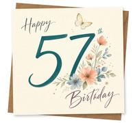57th Birthday Card for Her, Teal 57, Florals, Butterfly | Features a large teal 57 with delicate florals and a butterfly, plus ‘Happy Birthday’ lettering for her 57th.