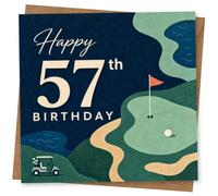 57th Birthday Card for Him, Golf Green, Flag and Cart | “Happy 57th Birthday” message set on a sl olf-course view with putting green, flag, water hazard, sand bunkers and cart.