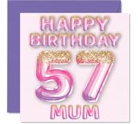 57th Birthday Card for Mum - Pink & Purple Glitter Balloons - Happy Birthday Cards for 57 Year Old Mum Mother from Son Daughter, 145mm Bday Greeting Cards Gift