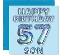57th Birthday Card for Son - Blue Glitter Party Balloons - Happy Birthday Cards for 57 Year Old Son from Mum Dad Parents, 145mm Bday Greeting Cards Gift