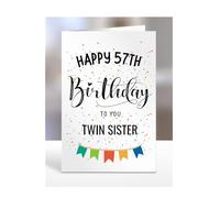 57th birthday card for twin sister, gifts for girl, girls, her, female, adult, presents for women, from mum, dad, step, bonus, Happy to you, 57 years old, A5-163n_57