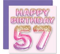 57th Birthday Card for Women - Pink & Purple Glitter Balloons - Happy Birthday Cards for 57 Year Old Woman Mum Nanny Grandma Gran Auntie, 145mm Greeting Cards Gift