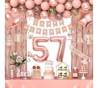 57th Birthday Decorations for Women Girls, Happy 57 Birthday Decorations for Her, Rose Gold Birthday Party Supplies with Banner, Number Balloons, Fringe Curtains, Hanging Swirls