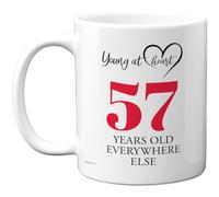 57th Birthday Gifts for Women Men, Cheeky Novelty Mug Young at Heart, Gag Joke Gifts, Perfect Funny Mugs for Fifty-Seven Fifty-Seventh Birthday Present, 11oz Ceramic Coffee Mugs