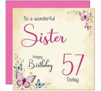 57th Sister Birthday Card - Beautiful Butterfly Floral Sisters Birthday Card for 57 Year old fifty seventh, fifty seven