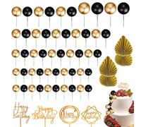 58 PCS Ball Cake Topper and Decorations - Black and Gold Mini Foam Balls Cupcake Topper Balloon Cake Picks for Birthday Party Wedding Supplies