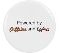 58mm 'Powered By Caffeine and Chaos' Medium Button Pin Badge (BB00134711)