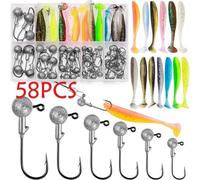 58Pcs Lure Drop Shot Set Jig Lead Head Hook Soft Worm Tail Pike Perch