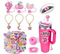 58Pcs Straw Covers Cap for Stanley Travel Cup Accessories 30/40oz, Cup Handle Pendant Charm Chain, Waterproof Vinyl Stickers and Leak-Proof Stopper, Party Favour Filler Packs