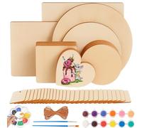 58Pcs Unfinished Blank Wood Slices, Pyrography Wood Blanks with Pigments/Paintbrush/5M Twine, 8 Sizes Unfinished Natural Wooden Pieces, Wooden Circles Square Hearts for Craft DIY Painting