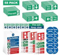 58pk Fire Exit Signs | Fire Door Keep Shut, Keep Clear | Self Adhesive | EN ISO 7010 Compliant, Emergency Exit & Fire Escape Stickers 30x10cm, Fire Action Notice 20x15cm, Keep Closed Stickers