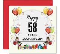 58th Anniversary Card for Husband Wife - Party Balloons - Happy 58th Wedding Anniversary Card for Partner, 145mm Greeting Cards Anniversaries