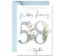 58th Anniversary Card for Women Men - Fancy Floral Flowers - Happy 58 Year Anniversary Card for Partner Husband Companion Wife, A5 Wedding Anniversaries Greeting Cards