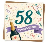 58th Birthday Card, 58th Birthday Card for Her or Him - Funny Champagne Celebration Greeting with Confetti and 'It's Your Birthday!' Message