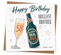 58th Birthday Card for Brother, Brilliant Beer Toast | Celebrate your Brother’s 58th with a beer bottle and champagne glass illustration and bold “Brilliant Brother” wording.