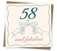 58th Birthday Card for Her, Champagne Glasses, ‘and Fabulous’ | Elegant ‘58 and fabulous’ wording with a celebratory two-glasses toast and sparkles-made for her 58th milestone.