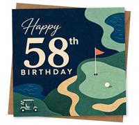 58th Birthday Card for Her, Golf Green, Flag and Buggy | Cream “Happy 58th Birthday” script on a stylised course scene with putting green, red flag, golf ball, bunker and cart.