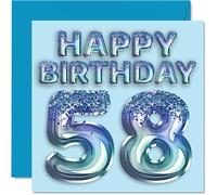 58th Birthday Card for Men - Blue Glitter Party Balloon - Happy Birthday Cards for 58 Year Old Man Uncle Grandad Dad Grandpa Gran, 145mm Greeting Cards Gift