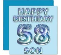 58th Birthday Card for Son - Blue Glitter Party Balloons - Happy Birthday Cards for 58 Year Old Son from Mum Dad Parents, 145mm Bday Greeting Cards Gift