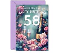 58th Birthday Card - Pink Presents Champagne Bottle - Gorgeous Pretty Beautiful Birthday Cards for 58 Year Old Woman Women, 5x7 Inch Greeting Cards Gift