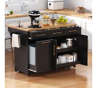 59.3" Rolling Kitchen Island with Trash Can Storage, 2 Pull-Out Cabinets, Drop Leaf, Power Outlet, Moveable Cart for Kitchen & Dining (Black)