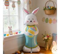 59 Inch Foil Easter Bunny Balloon - Standing Rabbit With Base, 3D Giant Inflatable Bunny For Party Decor | Reusable Spring Decoration For Home Garden Birthday Shower School