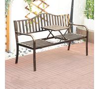 59" Outdoor Metal Bench with Pop-up Table Weatherproof Cast Iron Frame Garden Loveseat Chair for Patio Yard Balcony & Deck - Stylish & Durable Seating (Brass Finish)