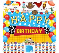 59 Pcs Cartoon Stories Birthday Party Supplies, Cartoon Toy Themed Party Decoration Backdrop Balloons Cake Cupcake Topper for Toys Movie Themed Birthday Party Decor