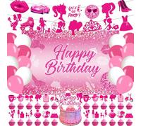 59 Pcs Hot Pink Girls Birthday Party Supplies, Lets Go Themed Party Decoration Pink Princess Backdrop Balloons Cake Cupcake Topper for Girls Doll Themed Party Decor